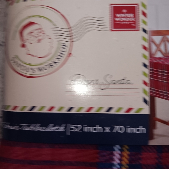 Christmas Santa Workshop Plaid Tablecloth 52 x 70 Rectangle Red Blue Yellow - Picture 2 of 8